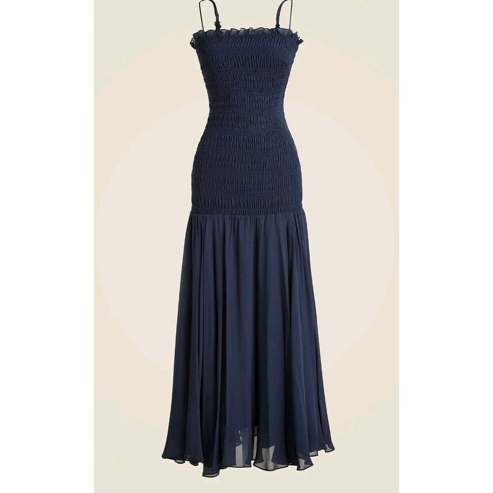 NWT J.CREW COLLECTION Sz 20 Viscoe Chiffon Maxi Smocked Drop Waist Dress Navy